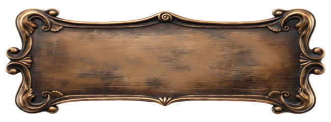 Ornate wooden frame with intricate scrollwork and empty center on dark background for text input