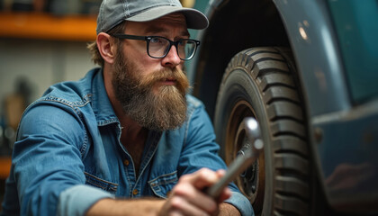 Rugged bearded mechanic wears glasses, fixes car wheel indoors. Skilled technician with rolled-up sleeves uses wrench, focused on automotive repair. Expertise in maintenance and craftsmanship.