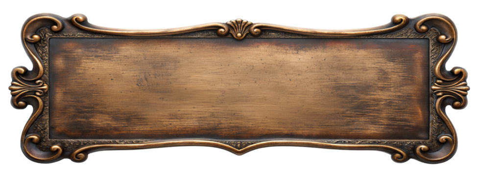 Ornate vintage brass frame with intricate detailing and empty central space for customizable text