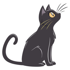 Cute cartoon black cat with yellow eyes sitting and looking up attentively