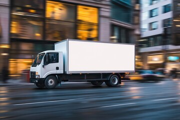 White delivery truck driving through city with ad space
