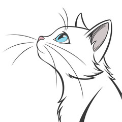 Stylized illustration of a white cat with striking blue eyes looking upwards