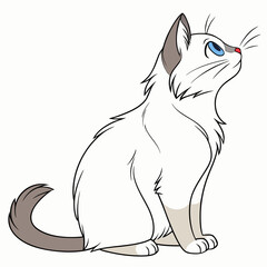 Charming cartoon illustration of a white cat with blue eyes sitting and looking up