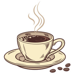 A steaming cup of hot coffee sits on a saucer with coffee beans scattered nearby