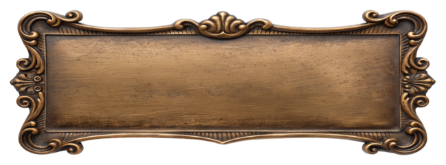 Elegant vintage bronze plaque with intricate decorative border design on a plain textured surface
