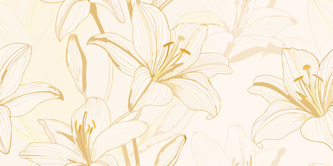Elegant golden lily flowers seamless pattern on a light beige background