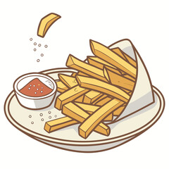 A serving of golden french fries in a paper cone with ketchup and salt on a plate