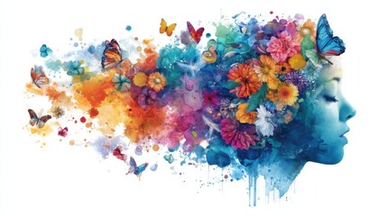 Watercolor Woman Profile with Colorful Flowers and Butterflies