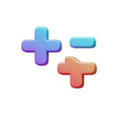 Obraz premium Colorful three-dimensional mathematical symbols representing addition subtraction and their visual representation against a neutral space.