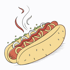 Delicious hot dog with ketchup mustard onions and relish in a bun with steam