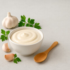 Garlic Sauce in Ceramic Bowl with Ingredients – AI-generated