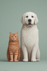 Happy pets standing together in a minimalist vector style, showcasing friendship and joy in a calming environment. National Pet Insurance Month