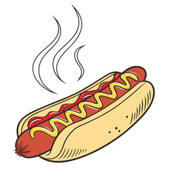 Delicious hot dog with ketchup and mustard steaming and ready to eat