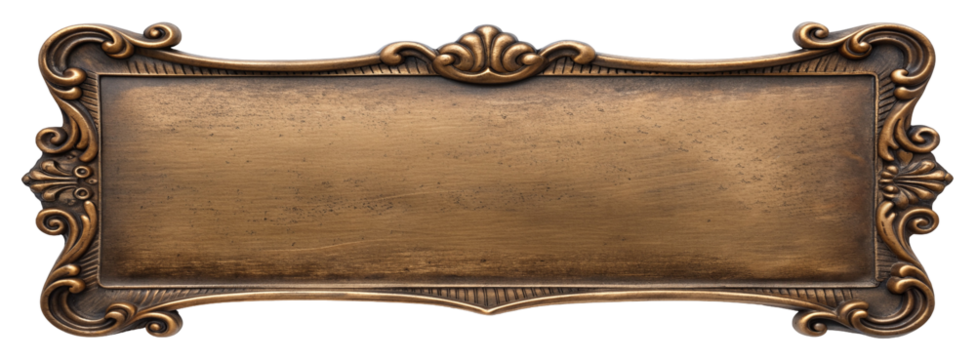Elegant vintage bronze plaque with intricate decorative border design on a plain textured surface