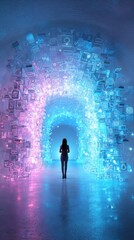 Woman Walking Through a Glowing Digital Portal