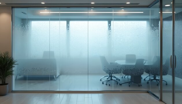 Modern frosted glass film offers privacy for office spaces, meeting rooms with subtle dot pattern. Decorative window film enhances interior decor, providing light shading, clean, elegant aesthetic