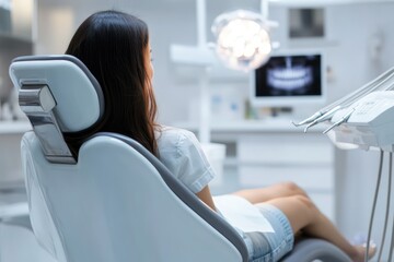 Young woman relaxing in modern dentist chair