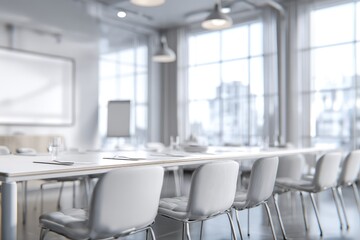 Fototapeta premium Modern, minimalist conference room with large windows overlooking a city