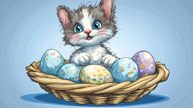 Adorable kitten nestled in Easter eggs basket