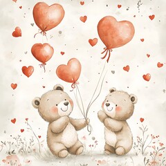 Two cute bears holding red heart balloons in love high resolution picture