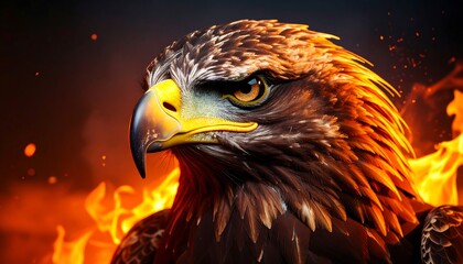 Fiery golden eagle portrait, intense gaze, surrounded by flames
