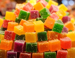 Colorful, square jellies piled high