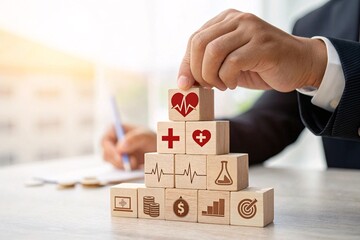  Professional Hand Stacking Healthcare & Business Blocks - Health & Financial Growth