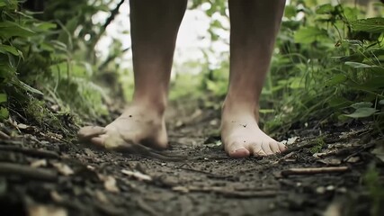 Person walking on forest path with environmental message