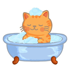 A cozy chibi-style illustration of a cute orange cat enjoying a relaxing bubble bath in a vintage tub. This adorable self-care themed PNG is perfect for planner stickers and digital journaling.