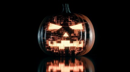 A spooky jack-o-lantern with a scary face glows with TV static in a dark void