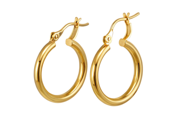 Shiny gold hoop earrings with lever back closures on a plain black background showcasing elegance