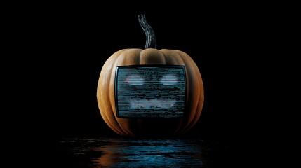 A spooky jack-o-lantern with a scary face glowing with television static in a dark void