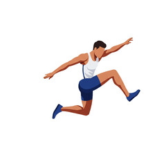 Obraz premium A focused male jumper propels himself forward in mid-air, embodying dedication and the thrill of track and field sports.