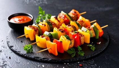 Grilled vegetable skewers with tofu and dipping sauce on a dark stone plate