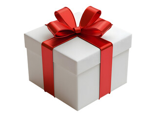 A white gift box with a red ribbon and bow on a transparent background