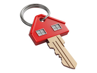 Red house shaped key fob with metal key a transparent background