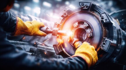 Close-up of Skilled Worker Using Wrench on Industrial Machinery with Sparks and Glowing Lights in Factory Setting