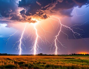 Dramatic lightning strikes illuminate a field at sunset, with dark, brooding clouds overhead