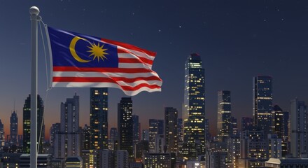 Malaysia Flag Waving at Night Over a Modern Cityscape: A Stunning View of Kuala Lumpur
