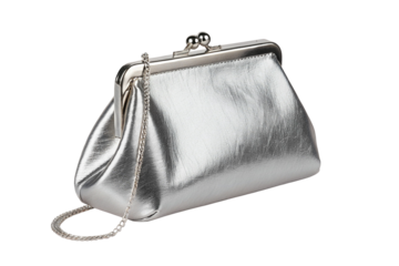 A stylish silver clutch bag with a metallic chain strap on a white background for fashion display