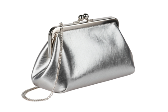 A stylish silver clutch bag with a metallic chain strap on a white background for fashion display