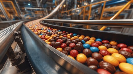 Colorful Candy Production on Conveyor Belt in Modern Factory Environment