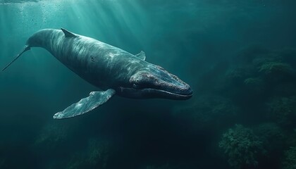 Majestic humpback whale swims in deep ocean water. Sunlight rays penetrate dark blue sea, illuminating massive marine mammal. Underwater scene shows whale, fins, textured skin. Natural habitat.