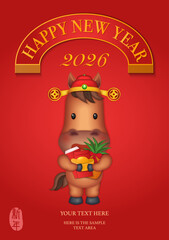 Chinese new year of cute cartoon horse standing holding golden ingot red envelope and pineapple. Chinese translation : New year