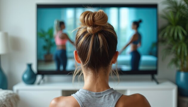 Woman follows on-demand fitness class at home via television. Young lady in sportswear watches online workout. Active lifestyle, home exercise, remote training. Digital wellness, virtual gym session.