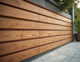 Contemporary horizontal wood panel exterior wall covering with distinct natural grain patterns. Offers modern aesthetic for building facades, outdoor spaces, interior design projects. Durable,