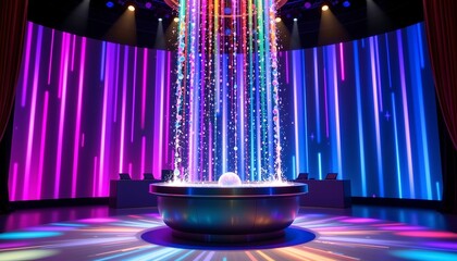 Magical Waterfall Stage with Vibrant Lights