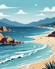 Landscape by the ocean. Oil paint. Pattern for printing on wall decorations