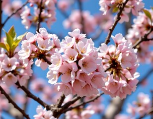 Fototapeta premium Delicate Cherry Blossom Blooms Against Soft Blue