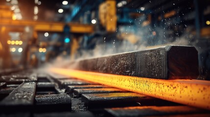 Hot Metal Being Processed in Industrial Steel Mill with Sparks and Steam in Background